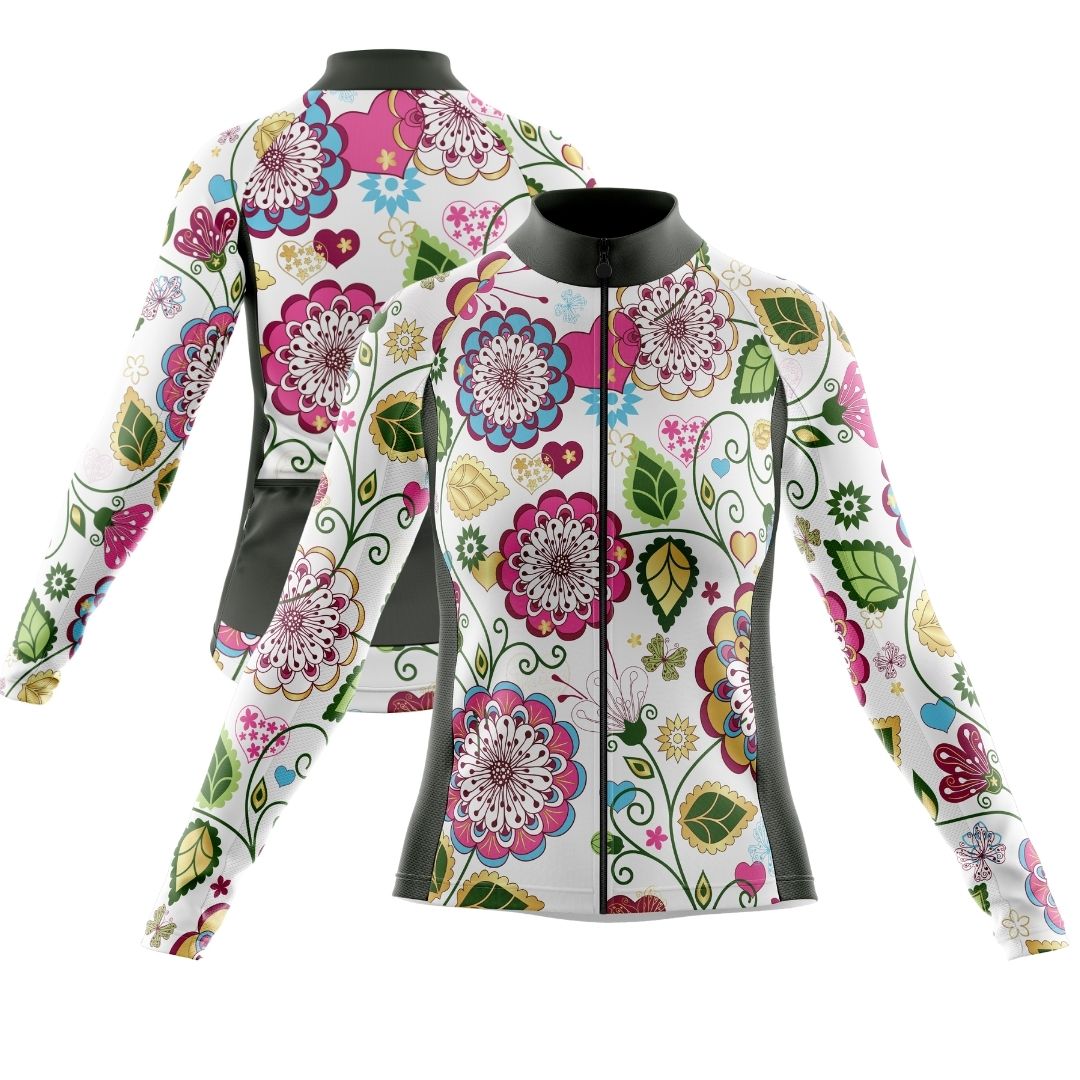 Floral Symphony women's long-sleeve cycling jersey.