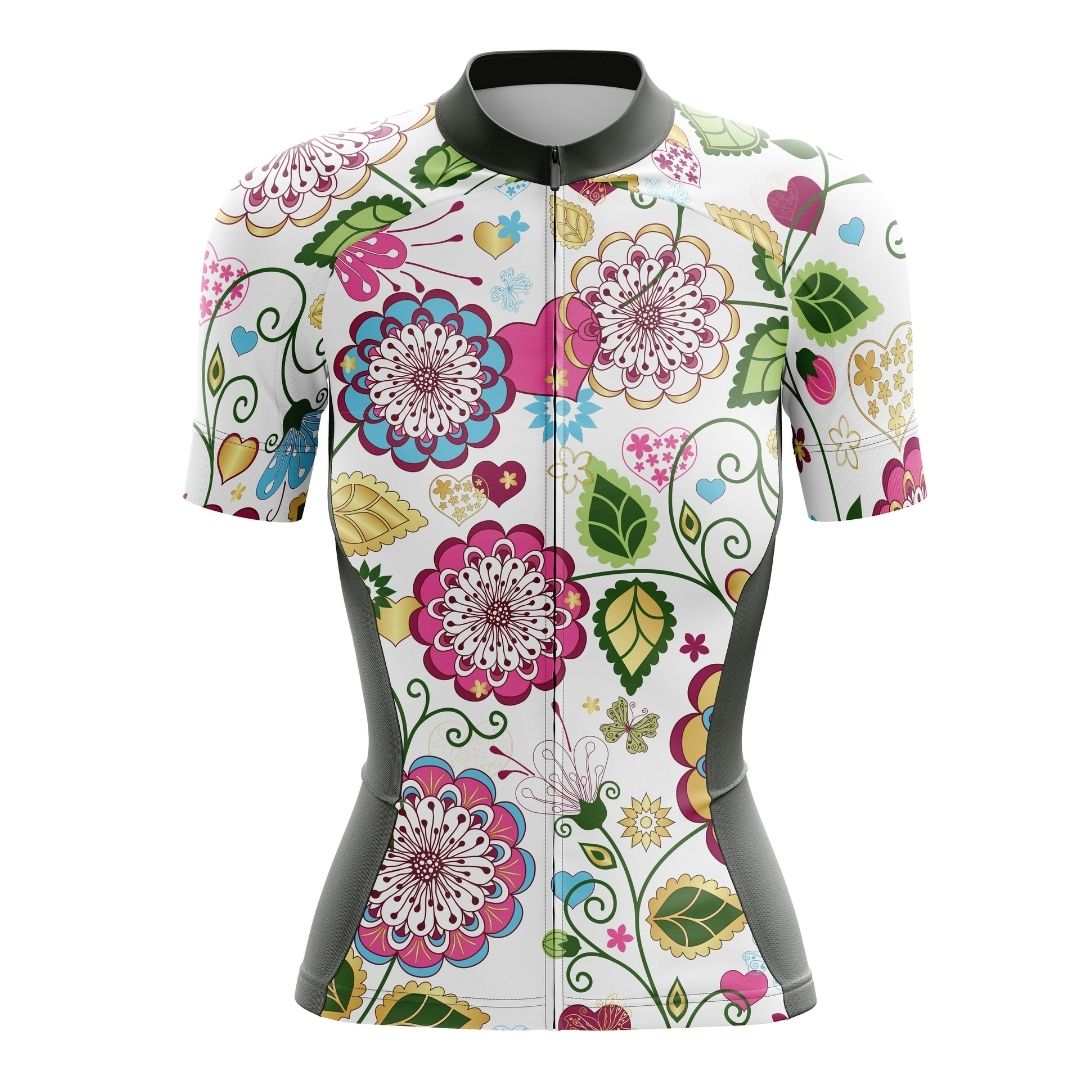 Breathable and comfortable short-sleeve cycling jersey with a floral design.