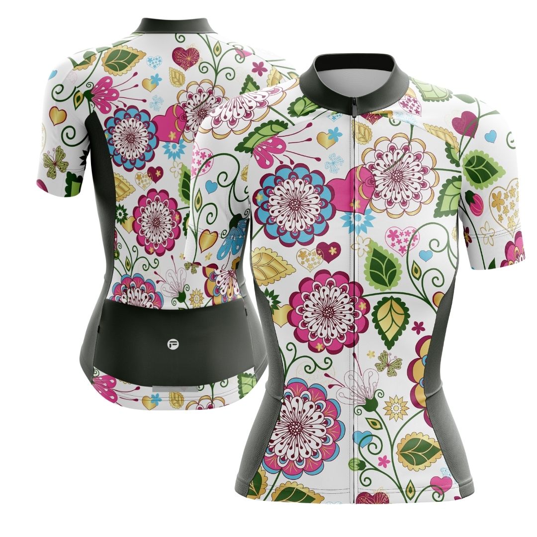 Floral Symphony women's short-sleeve cycling jersey.