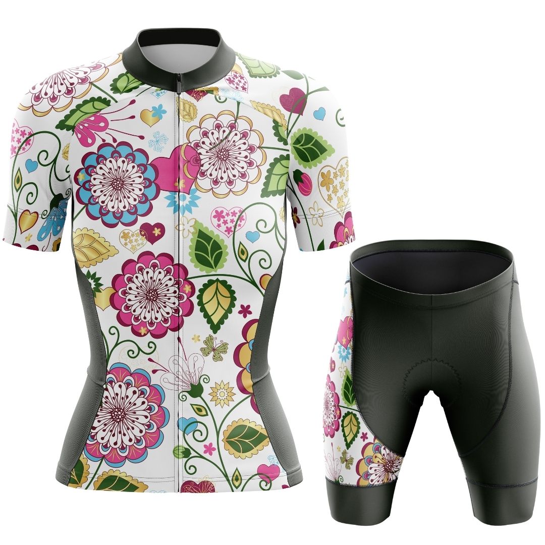 Floral Symphony women's cycling set, featuring a short-sleeve jersey and matching shorts with floral patterns.