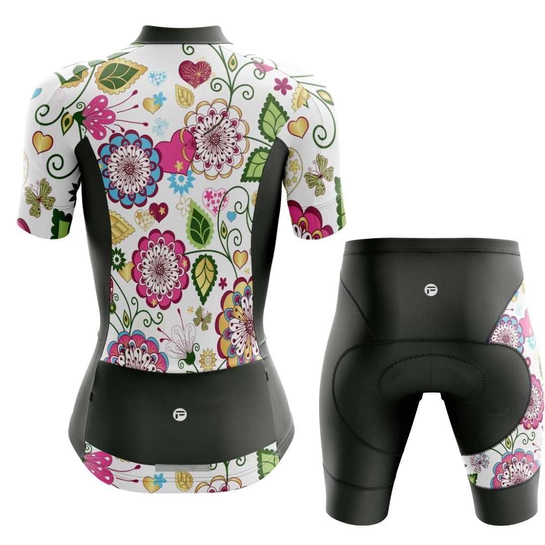 Floral Symphony short-sleeve cycling jersey with a vibrant floral pattern.