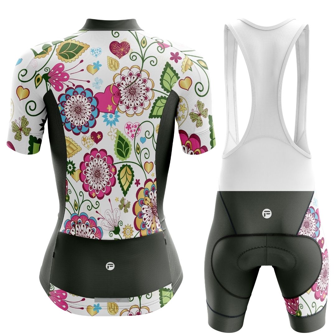 Stylish women's cycling outfit with a playful floral pattern.