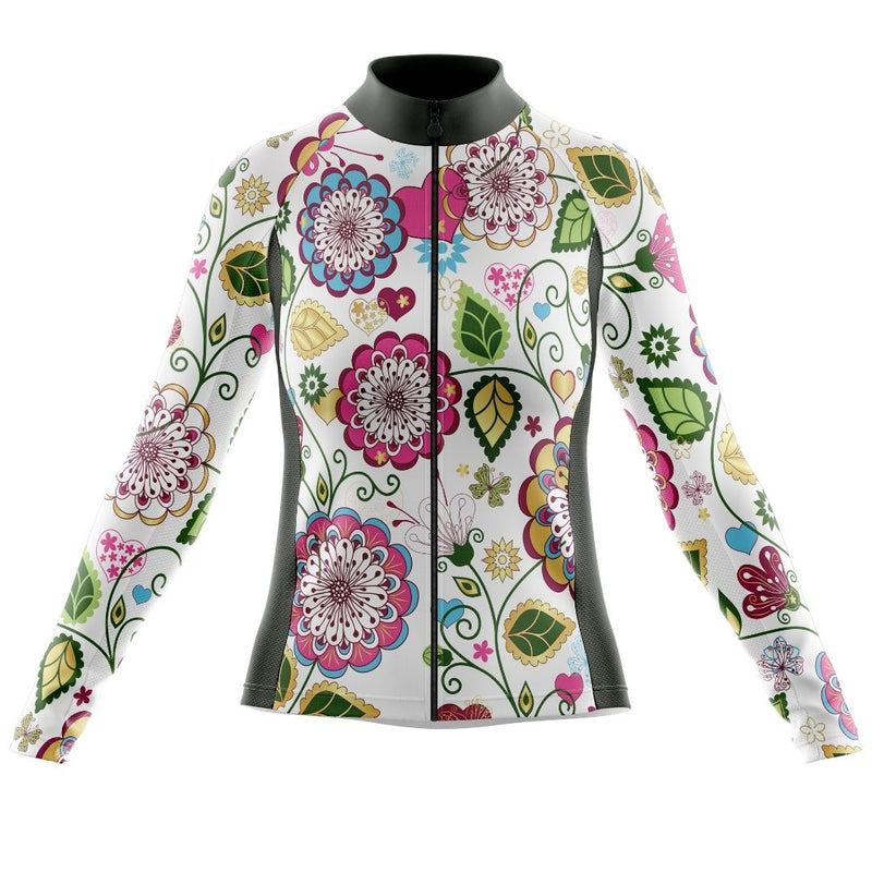 Colorful floral pattern cycling jersey for women with long sleeves.