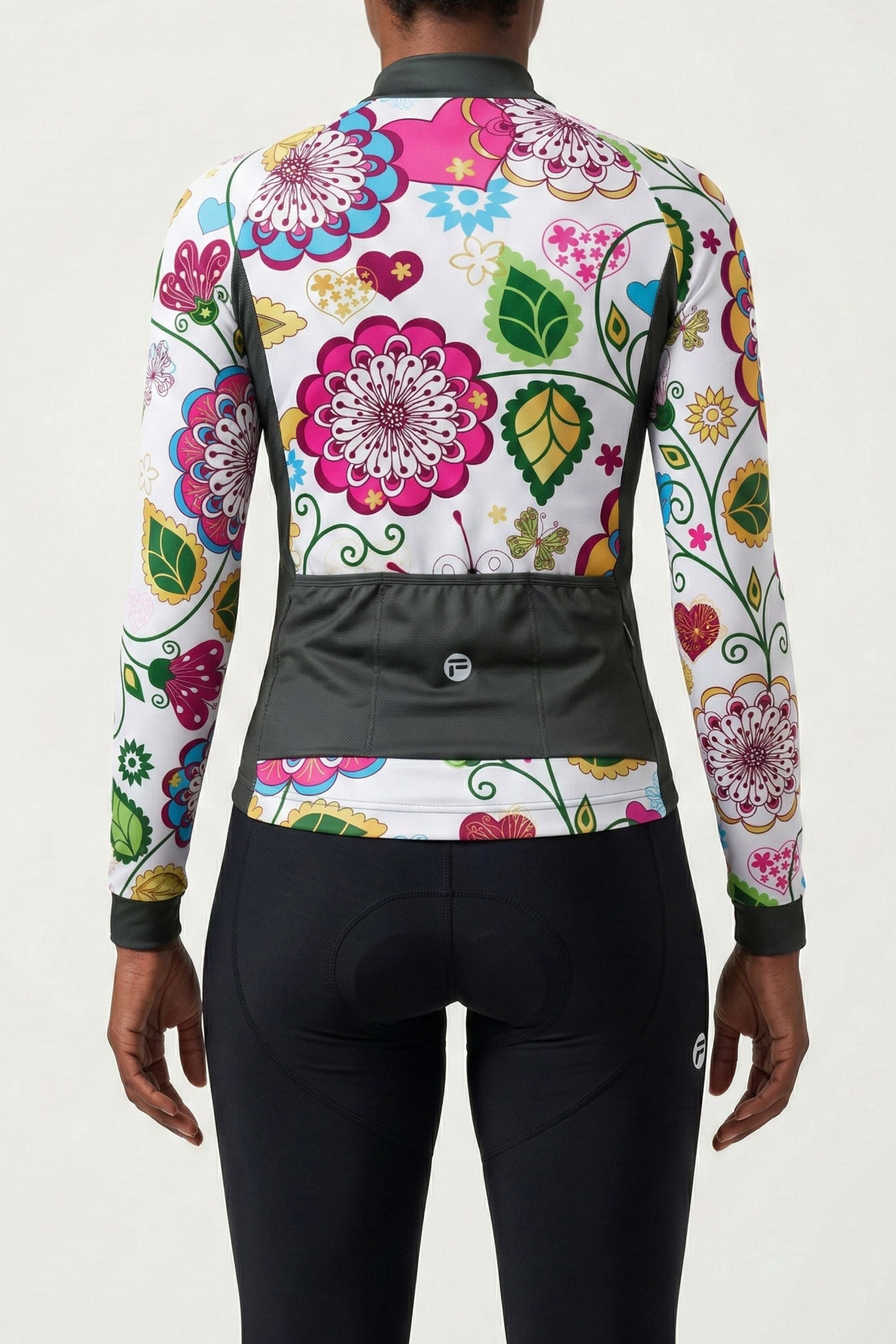 Cycling jersey with colorful floral design on a white background