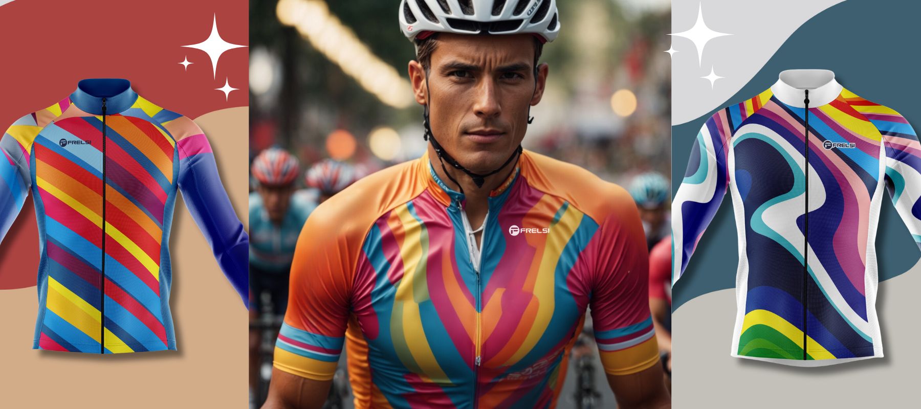 Frelsi Cycling Men's Collection: Featuring Harmony Hues, Color Carnival, and Rainbow Sprinter jerseys.