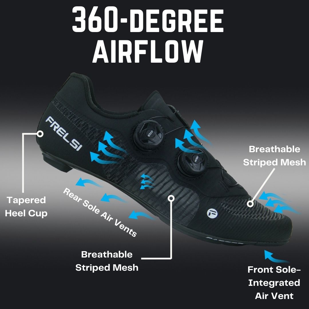 Close-up of black Frelsi Pro Team shoes highlighting the integrated 360° ventilation system with 4 strategically placed sole vents and breathable mesh upper for optimal temperature regulation.