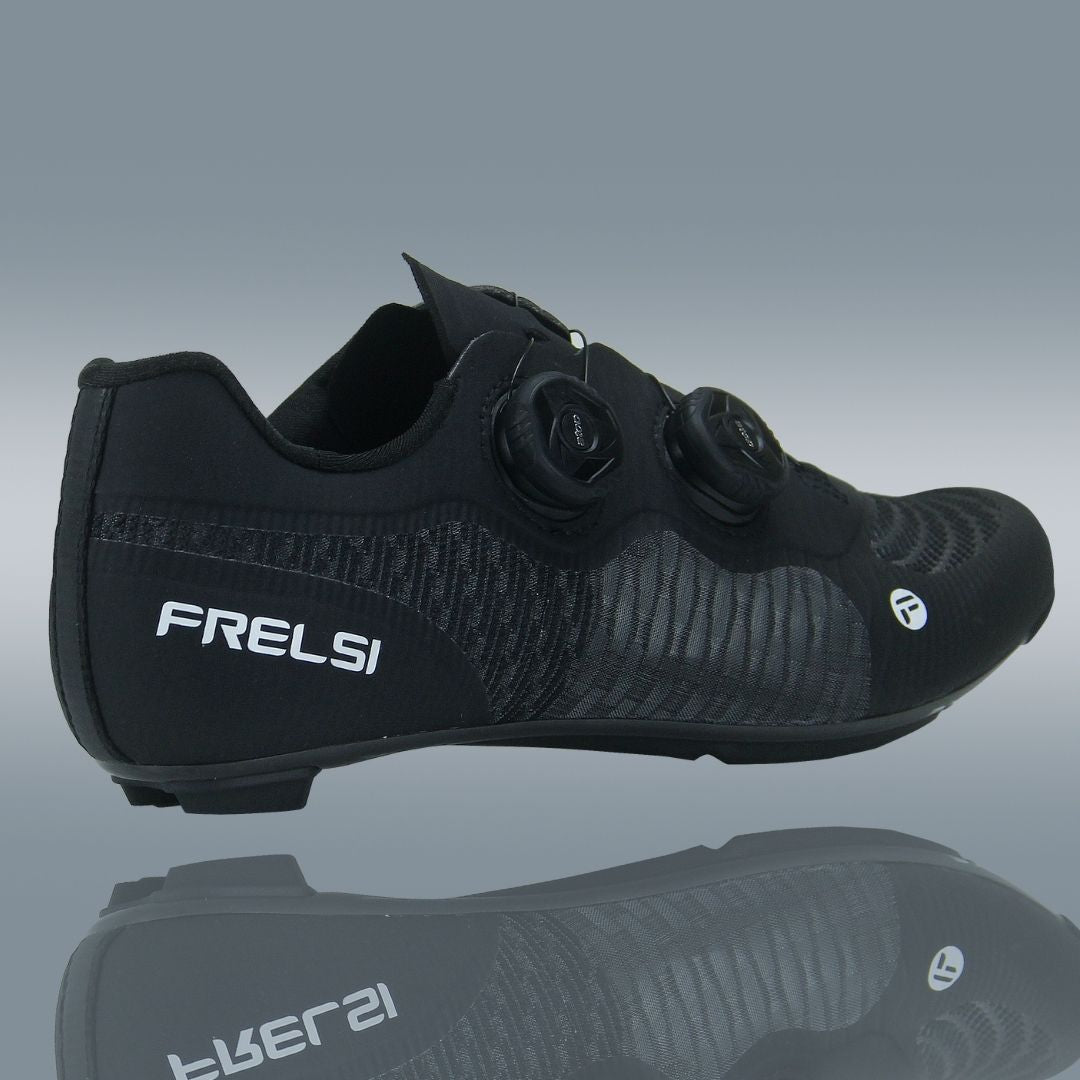 Lightweight black cycling shoes featuring a full-carbon sole for maximum power transfer and efficiency.