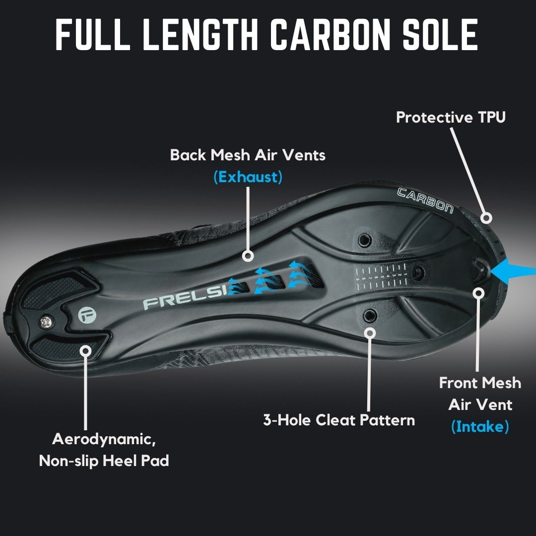 Black Frelsi Pro Team shoes Carbon sole with standard 3-hole cleat compatibility, perfect for major brands like Shimano SPD-SL, Look, and Time. The sole Includes mesh air vents for efficient air circulation and non-slip aerodynamic heel pad