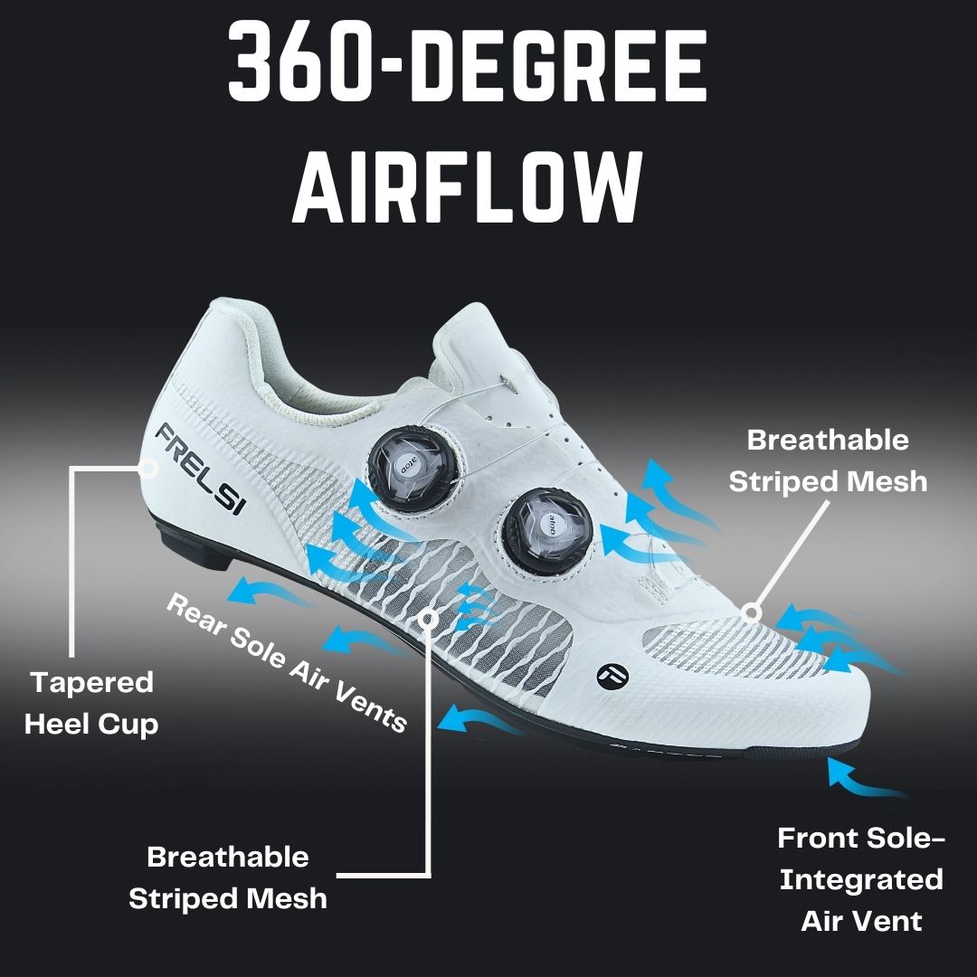 Close-up of white Frelsi Pro Team shoes highlighting the integrated 360° ventilation system with 4 strategically placed sole vents and breathable mesh upper for optimal temperature regulation.