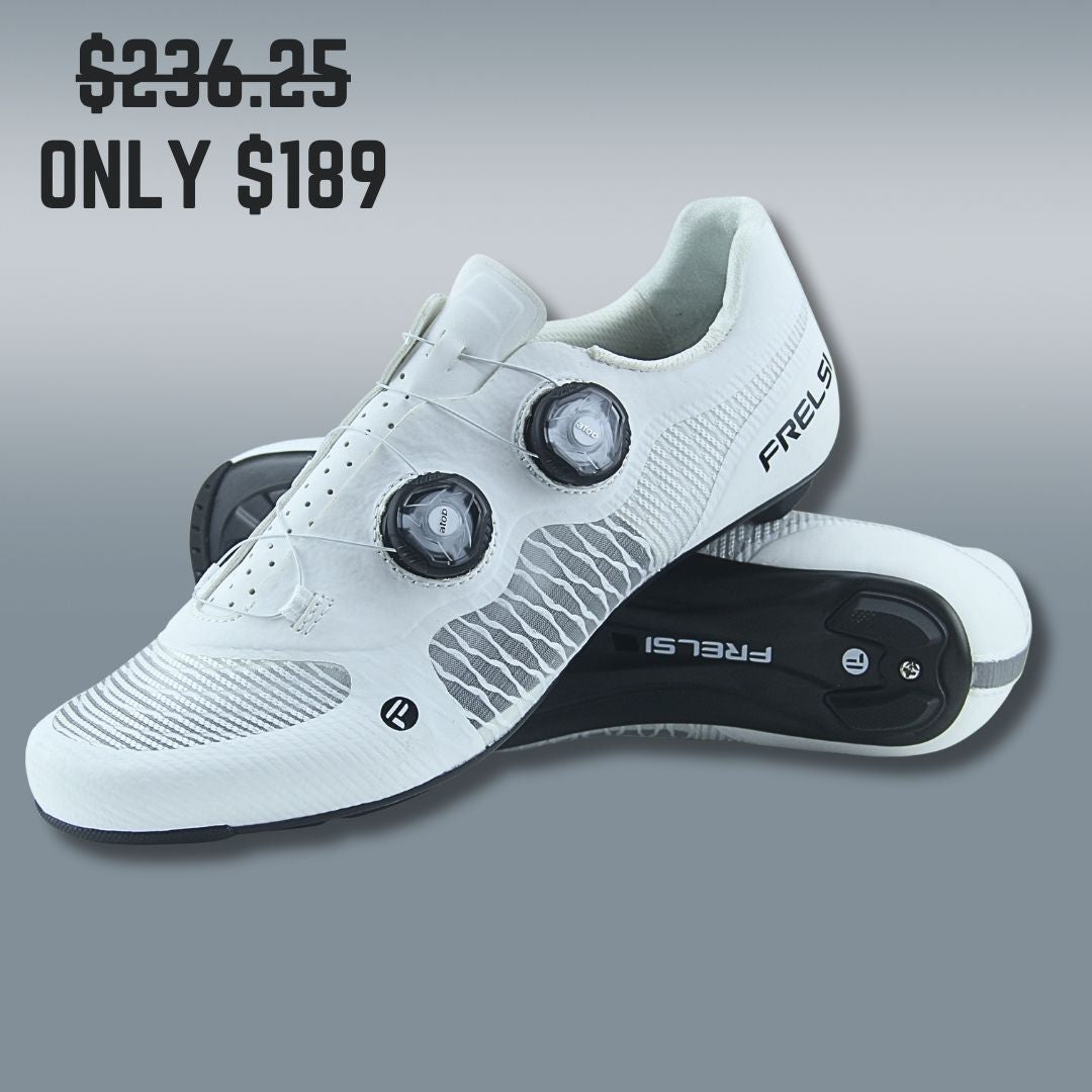 Lightweight white cycling shoes featuring a full-carbon sole for maximum power transfer and efficiency. Now offered at only $189