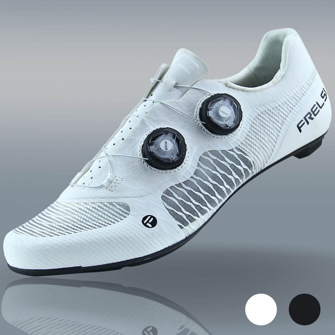 Frelsi Pro Team carbon cycling shoes with aerodynamic design, breathable mesh, and dual Atop Dial closure. Available in White and Black