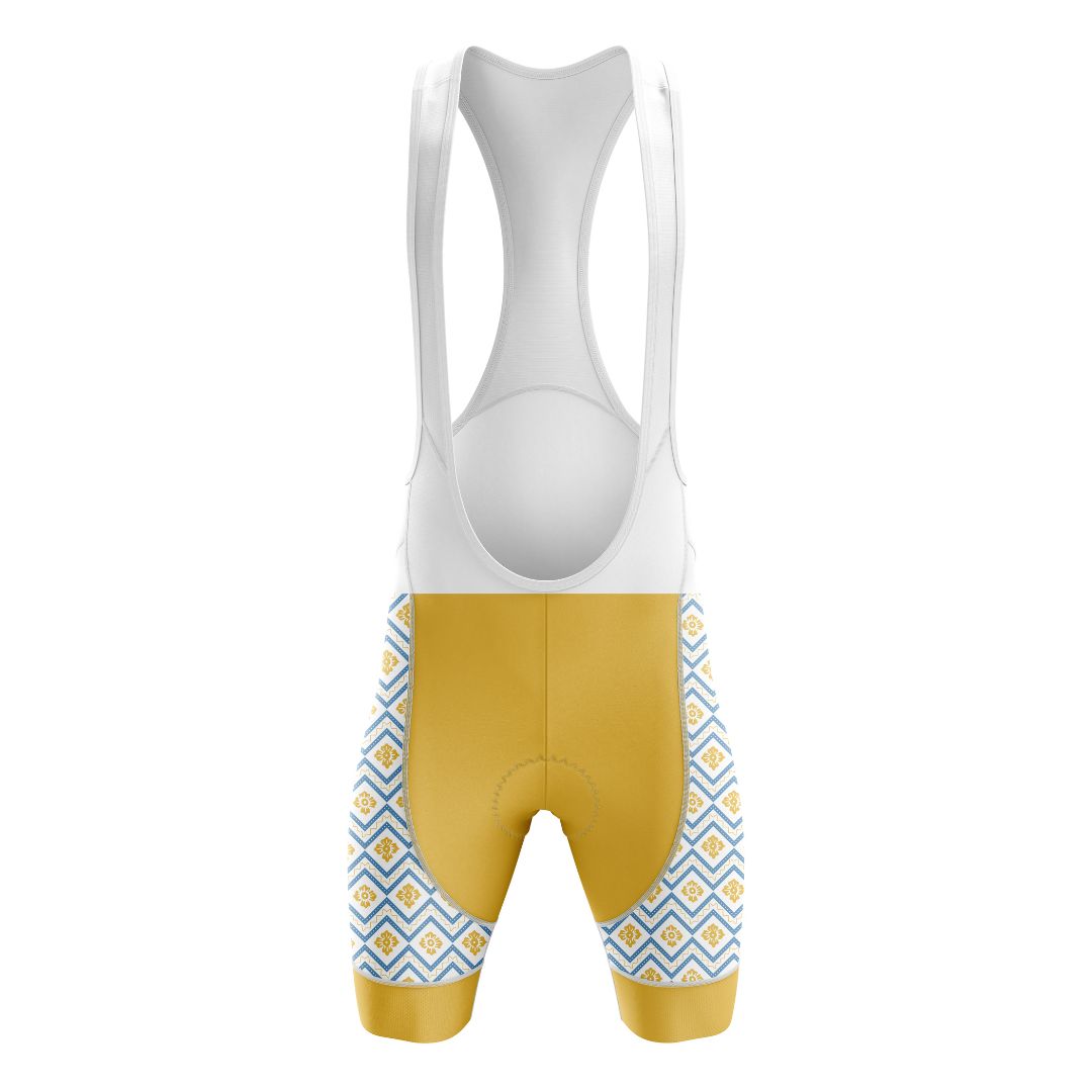 Frelsi Radiance | Cycling Bib Shorts in sleek gold and blue geometric design for summer rides.