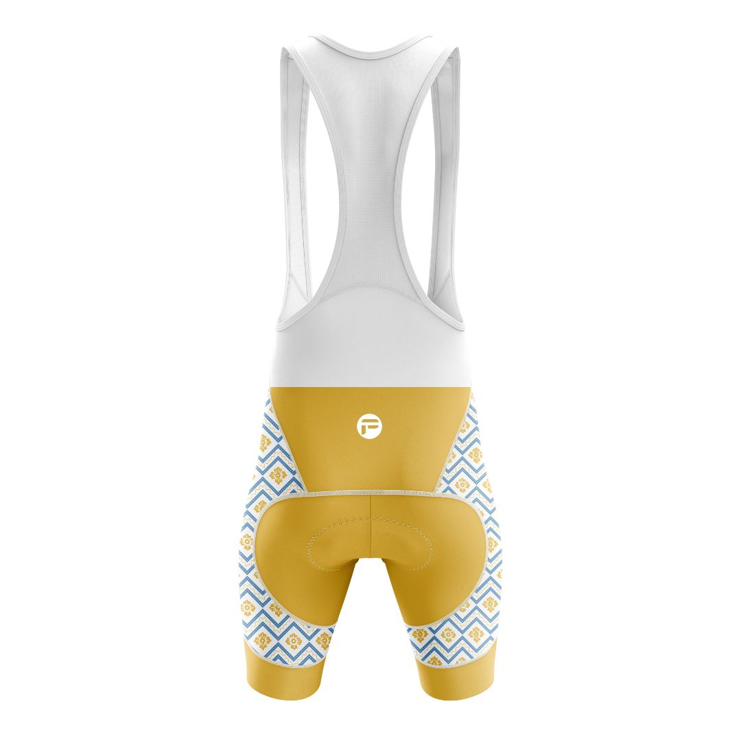 Frelsi Radiance | Cycling Bib Shorts in sleek gold and blue geometric design for summer rides.