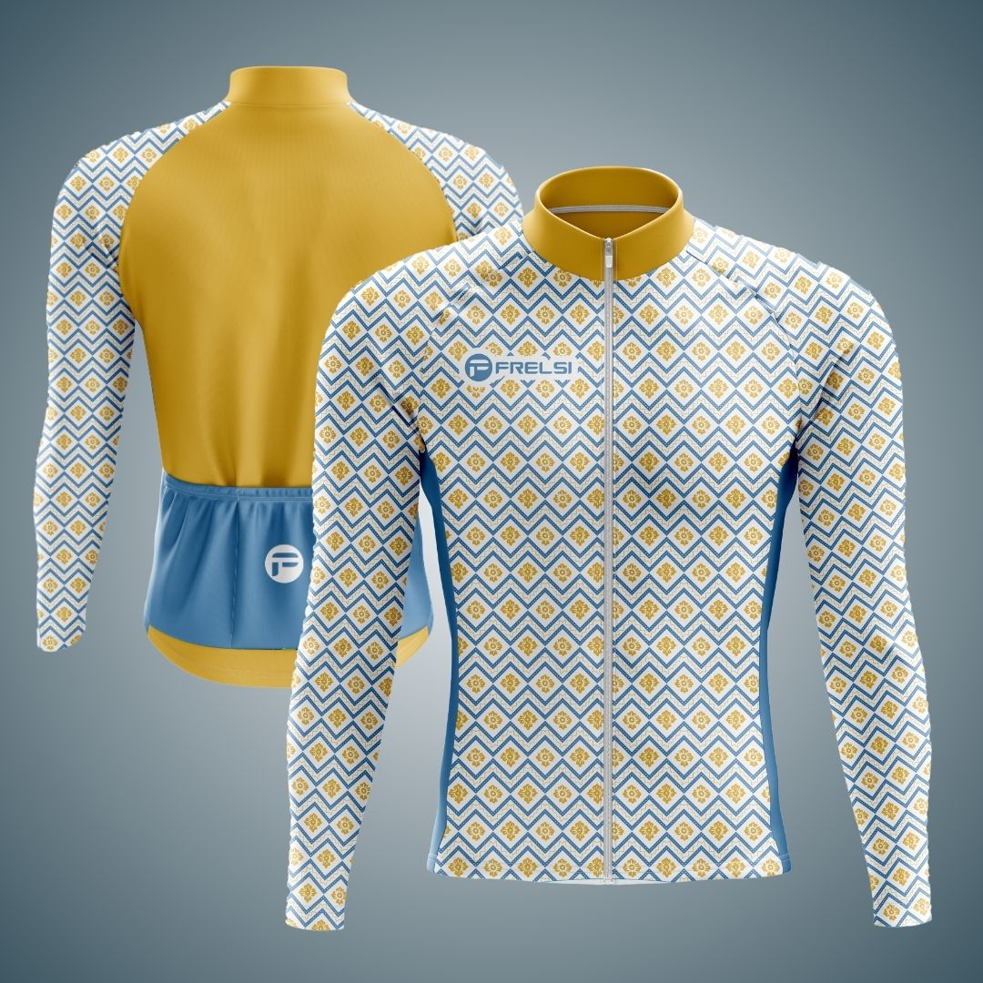 Frelsi Radiance Men's Long Sleeve Cycling Jersey in elegant gold and blue geometric design, perfect for cool-weather rides.