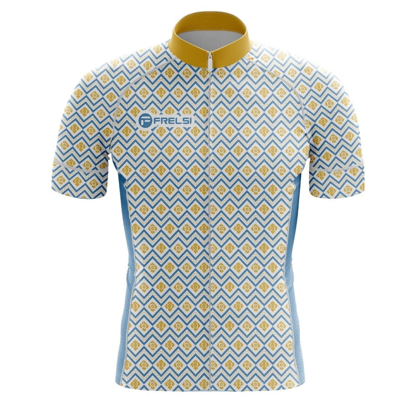 Frelsi Radiance Men's Short Sleeve Cycling Jersey in sleek gold and blue geometric design for summer rides.