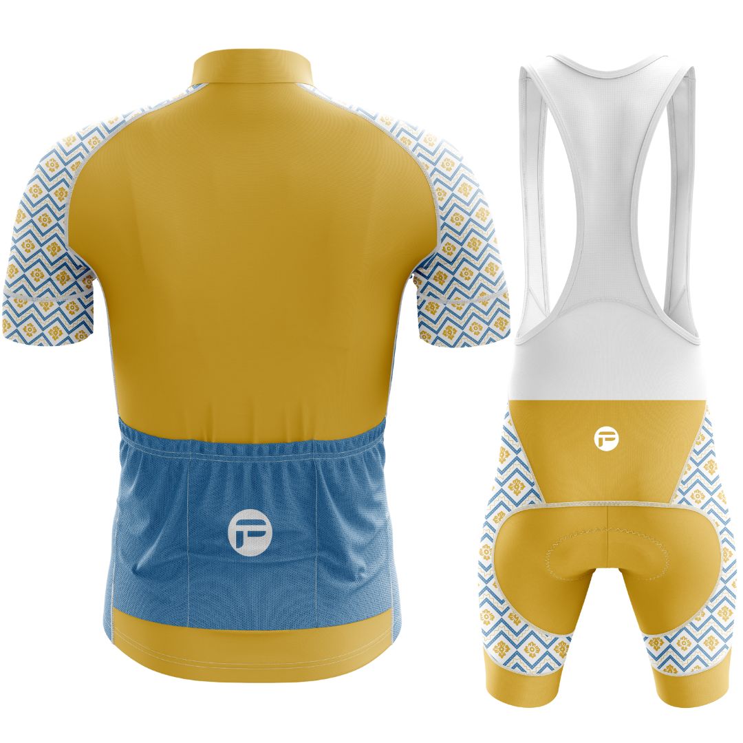 High-performance Frelsi Radiance Cycling Set for men, featuring a vibrant short-sleeve jersey and coordinating bib shorts