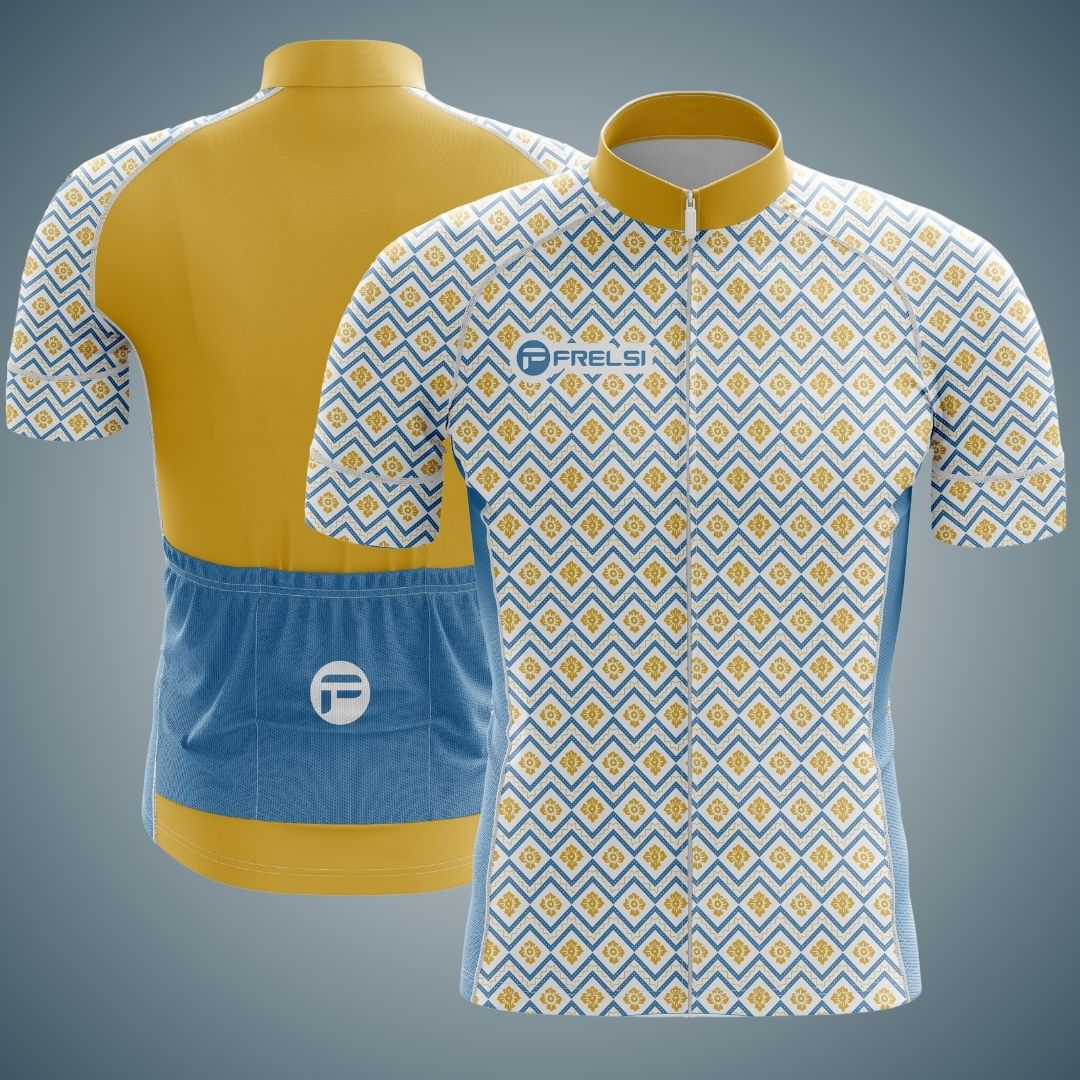 Frelsi Radiance Men's Short Sleeve Cycling Jersey in sleek gold and blue geometric design for summer rides.