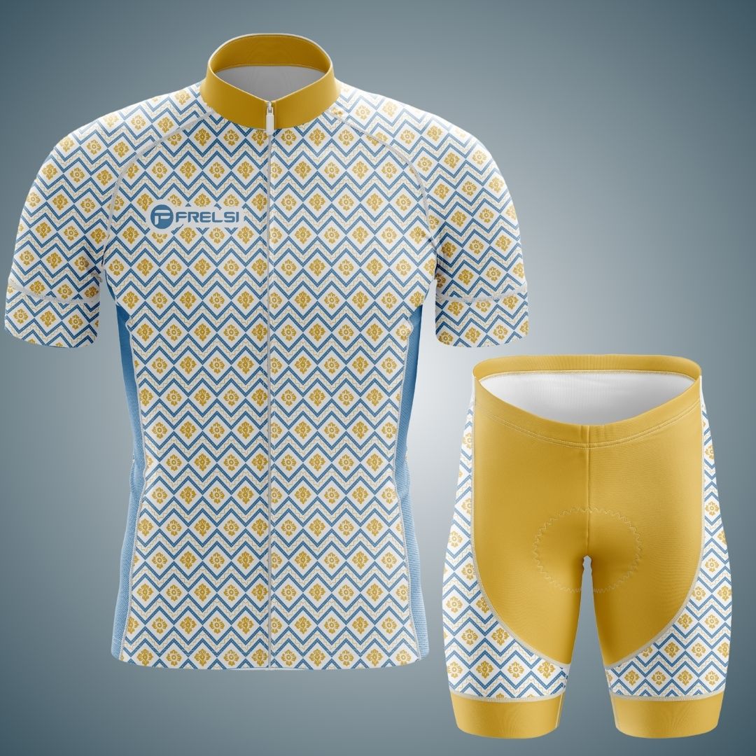 Frelsi Radiance Men's Short Sleeve Cycling Set with matching jersey and bib shorts in geometric gold and blue design.