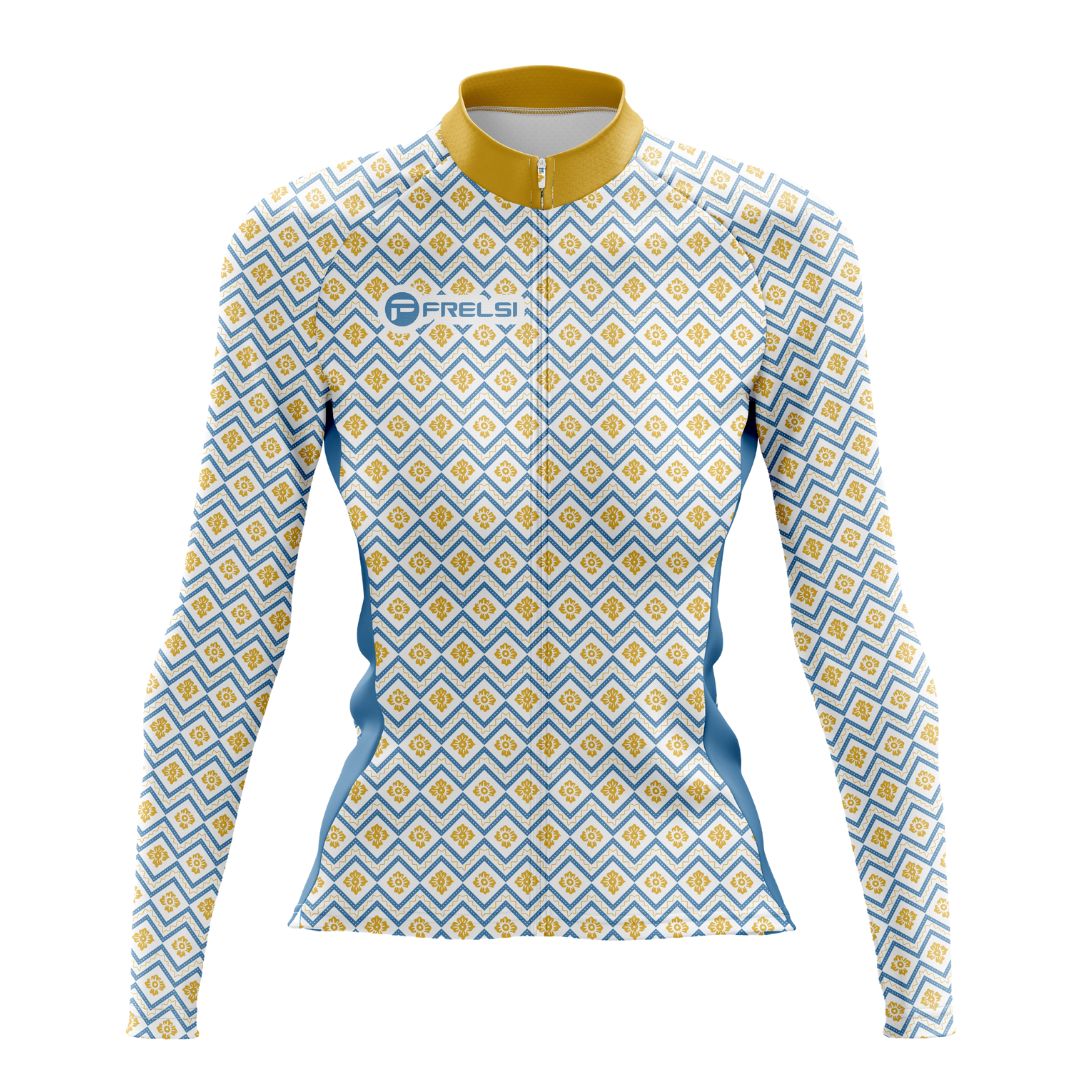 Women's Frelsi Radiance Long Sleeve Jersey, designed for cooler rides with vibrant colors and breathable fabric.