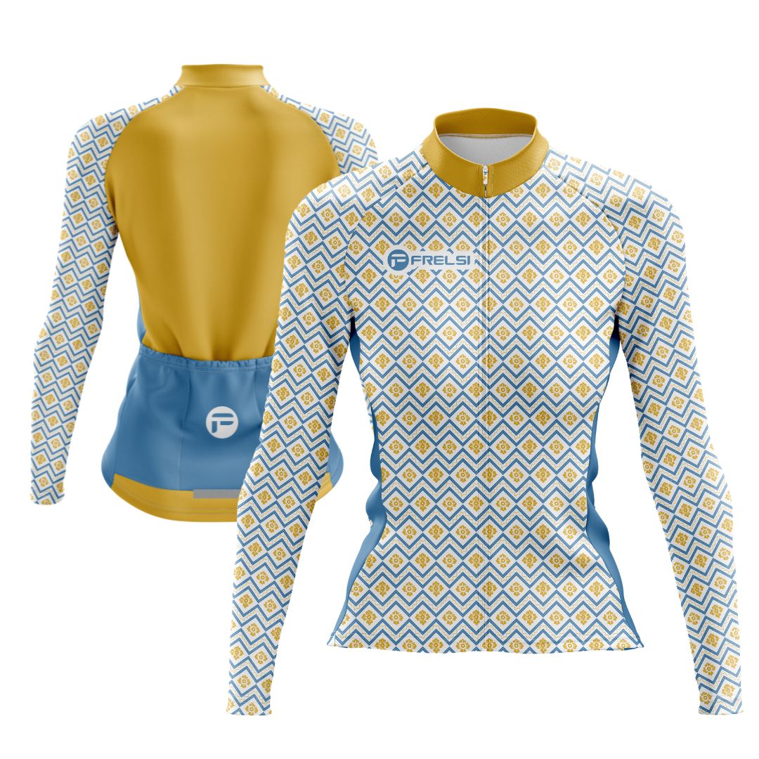 Frelsi Radiance Women's Long Sleeve Cycling Jersey featuring a bold geometric gold and blue pattern for style and comfort.