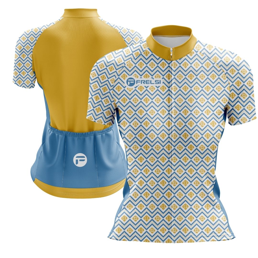 Frelsi Radiance Women's Short Sleeve Cycling Jersey with a sleek gold and blue geometric design.