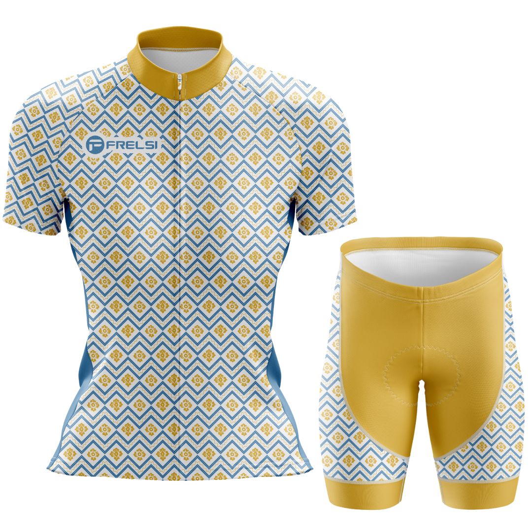 Frelsi Radiance Short Sleeve Cycling Set for women, featuring a vibrant geometric design.