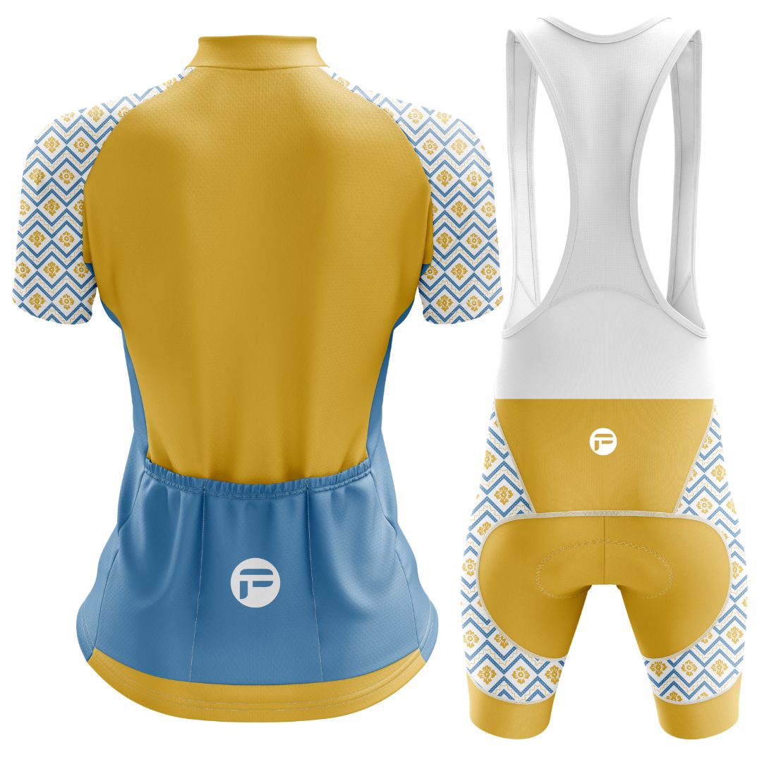 Women's Frelsi Radiance Short Sleeve Cycling Set with bold patterns and comfortable fit.