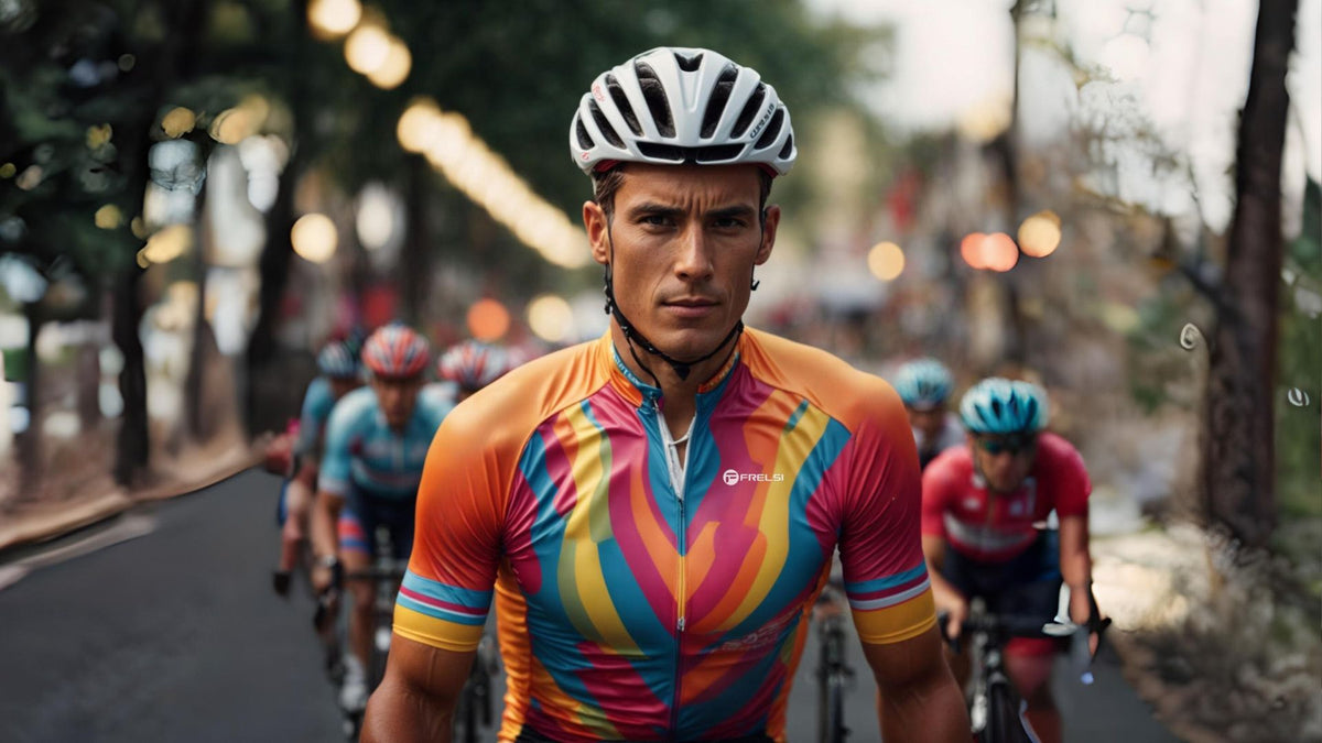 A pro cyclist embodies confidence and power in Cycling Frelsi's bold "Harmony Hues" jersey, its vibrant colors blurring with speed.