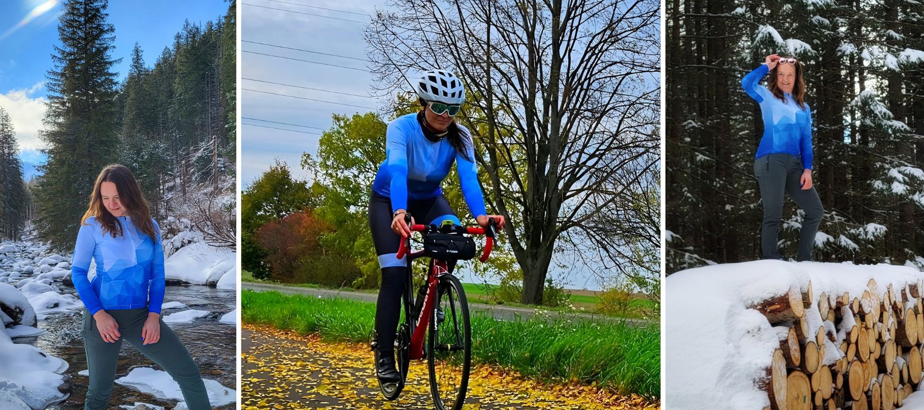 Frelsi thermal cycling jerseys for cold-weather adventures, showcasing comfort, warmth, and style in snowy and autumn settings.