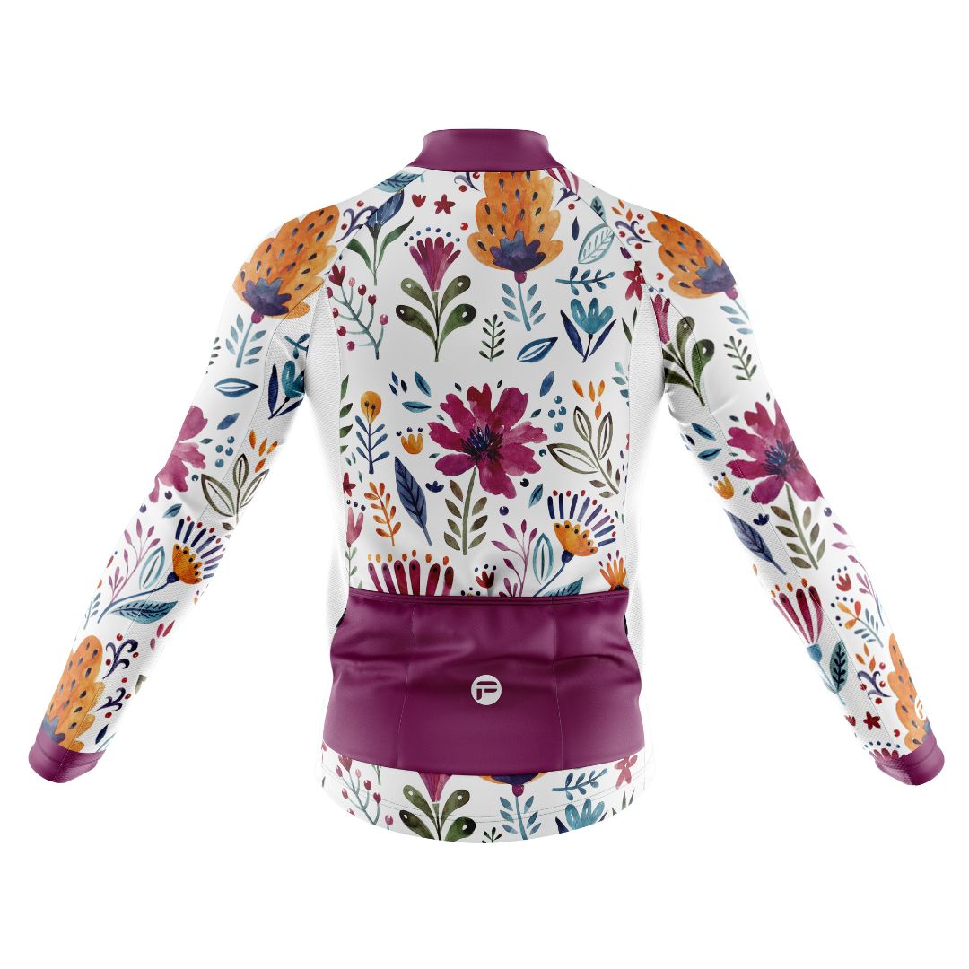 Rear View of Garden Art Men's Long Sleeve Cycling Jersey featuring vibrant floral design