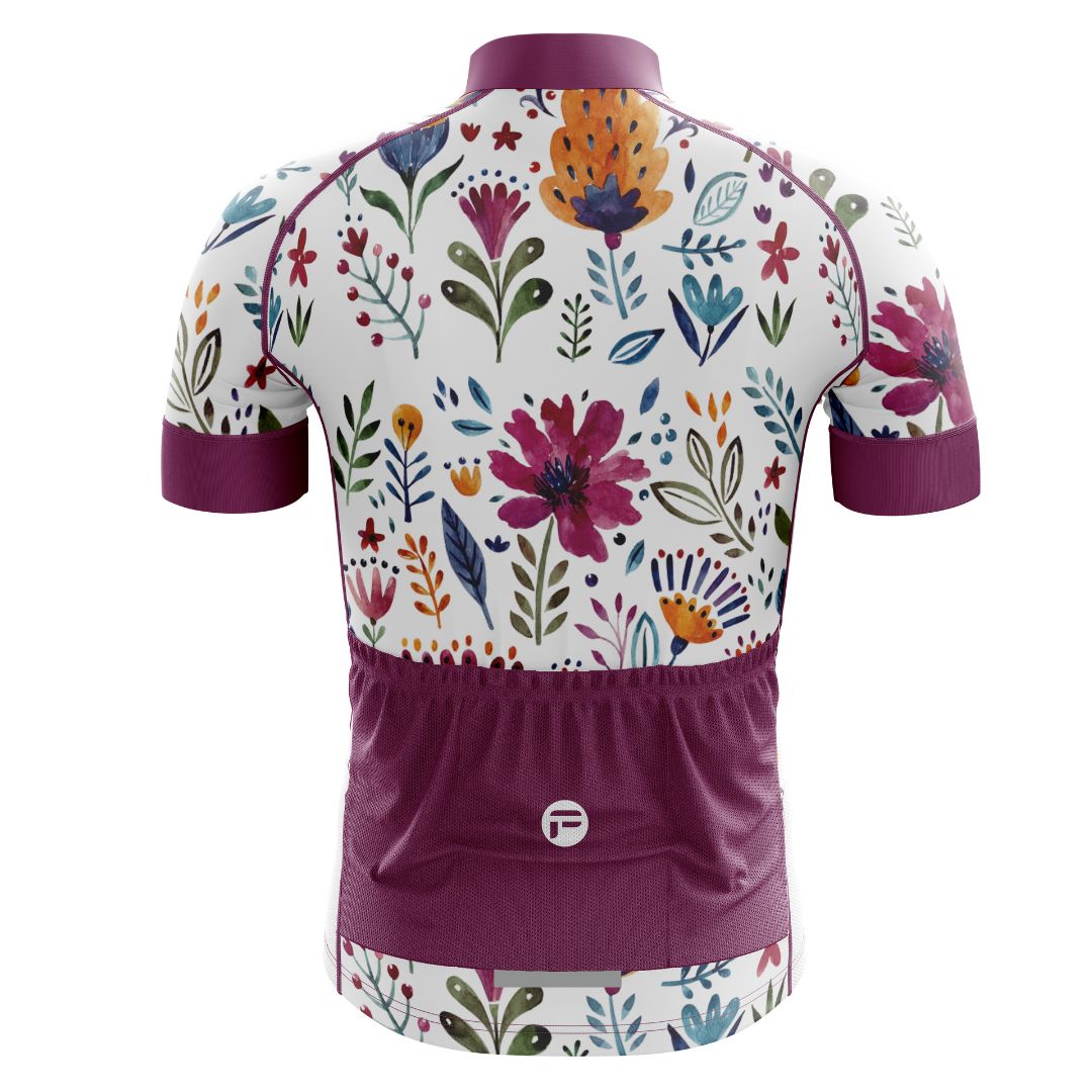 Rear View of Garden Art Men's Cycling Jersey featuring vibrant floral design