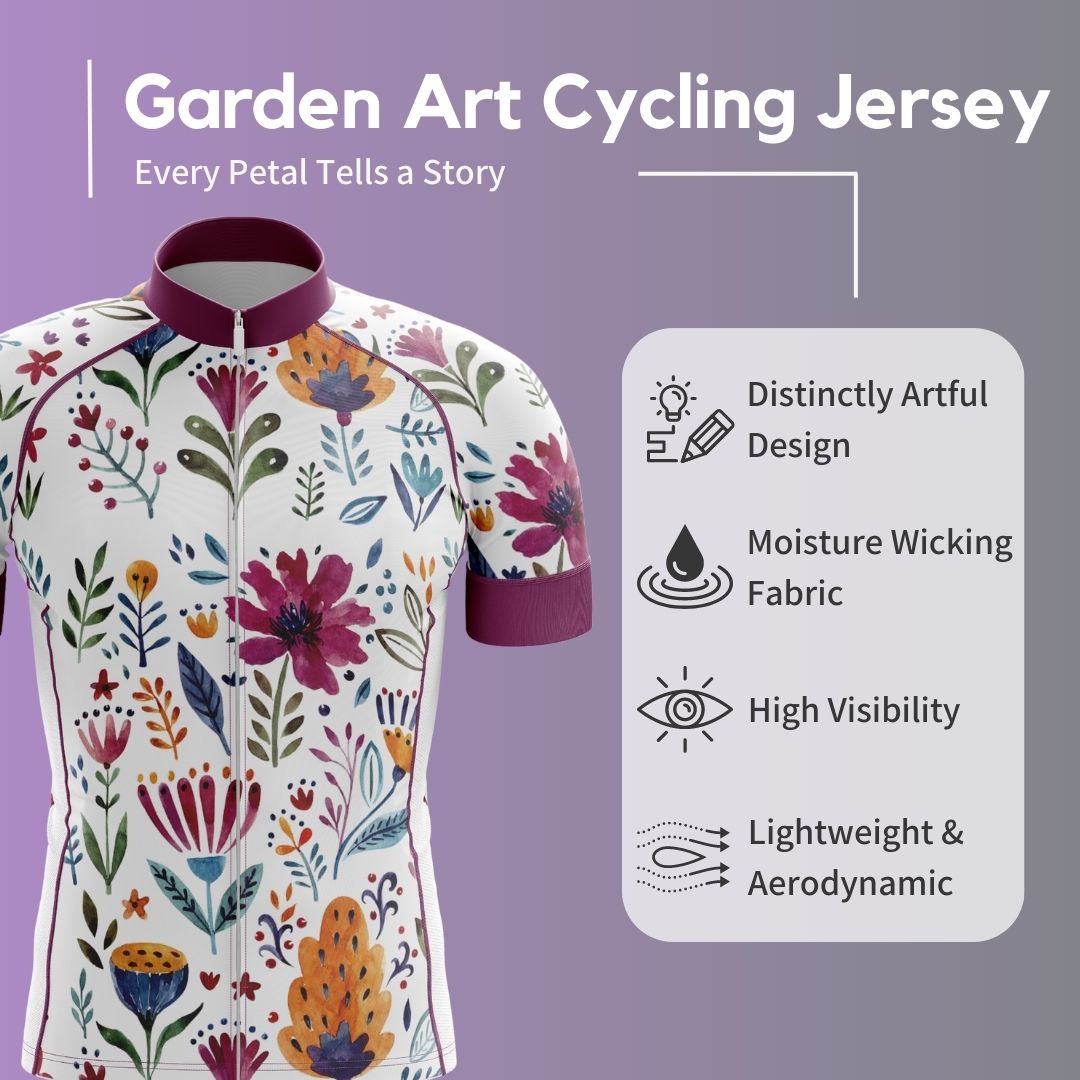 Close-up and Highlights of Garden Art Men's Cycling Jersey featuring vibrant floral design