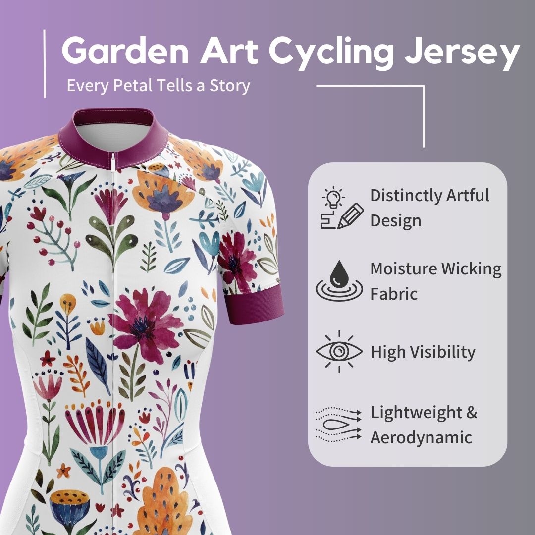 Close up and Highlights of Garden Art Cycling Kit featuring vibrant floral design