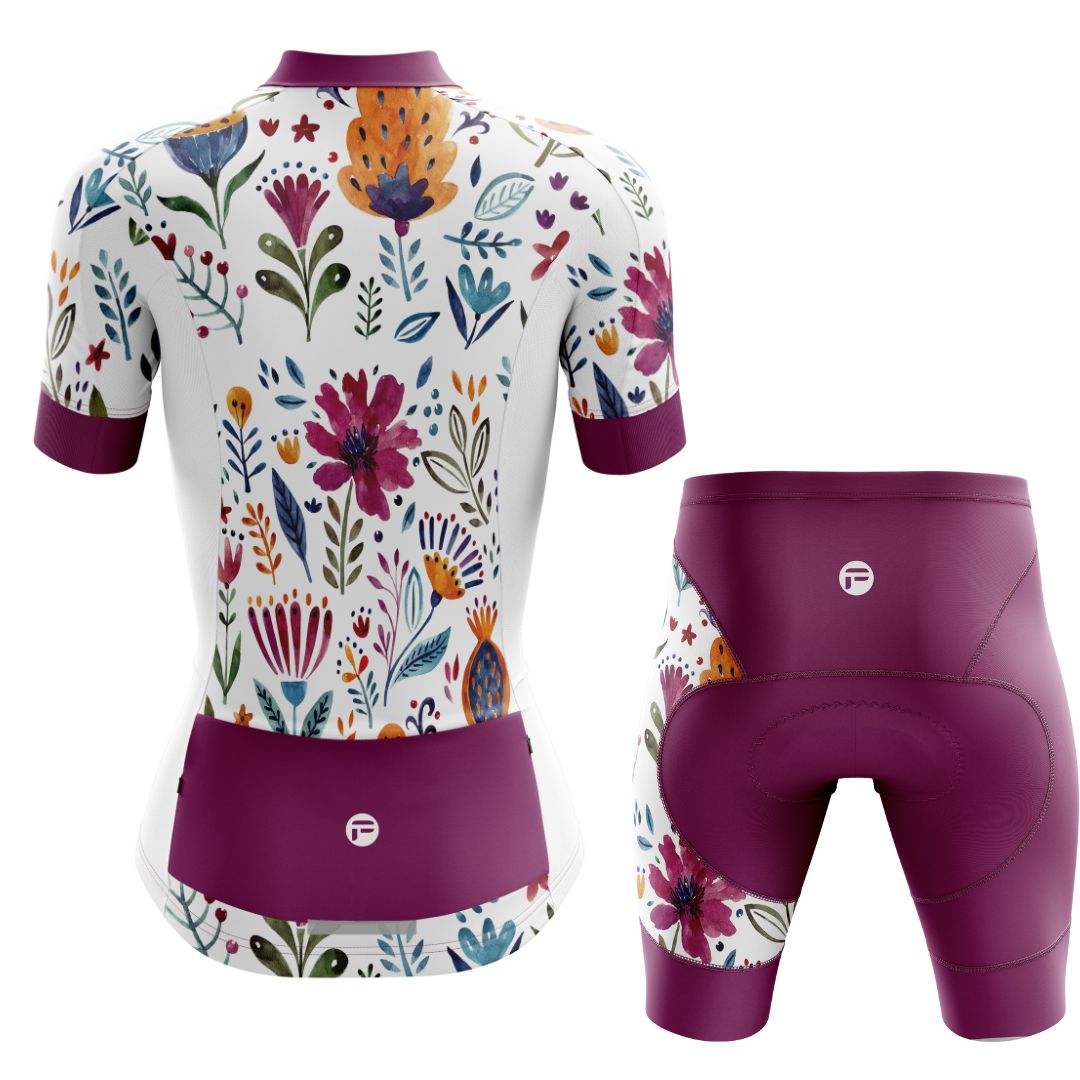 Rear View of Garden Art Cycling Kit featuring vibrant floral design