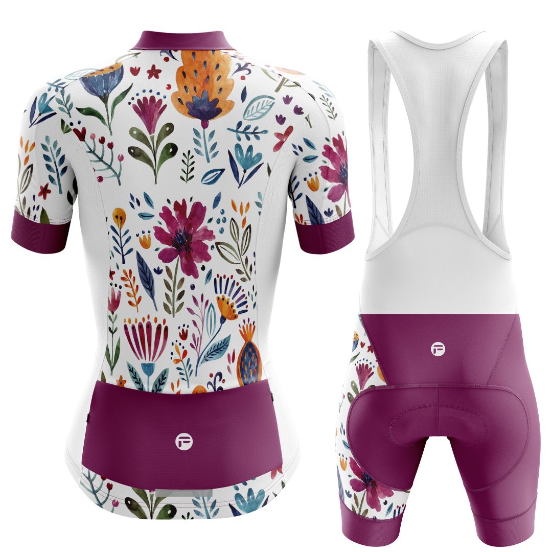 Rear view of Garden Art Cycling Kit with bibs featuring vibrant floral design