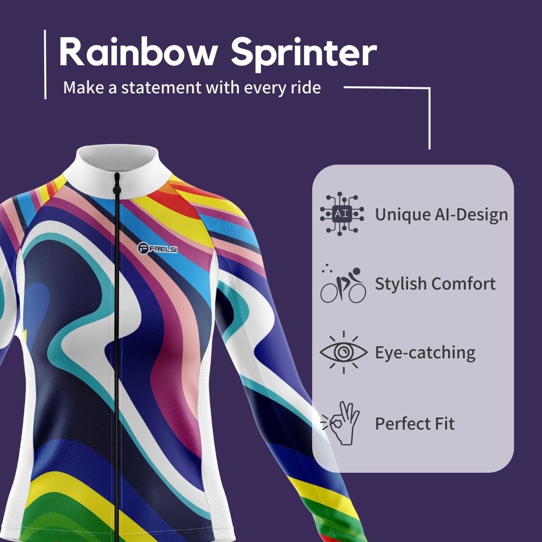 Highlights about a women's cycling jersey called "Rainbow Sprinter"