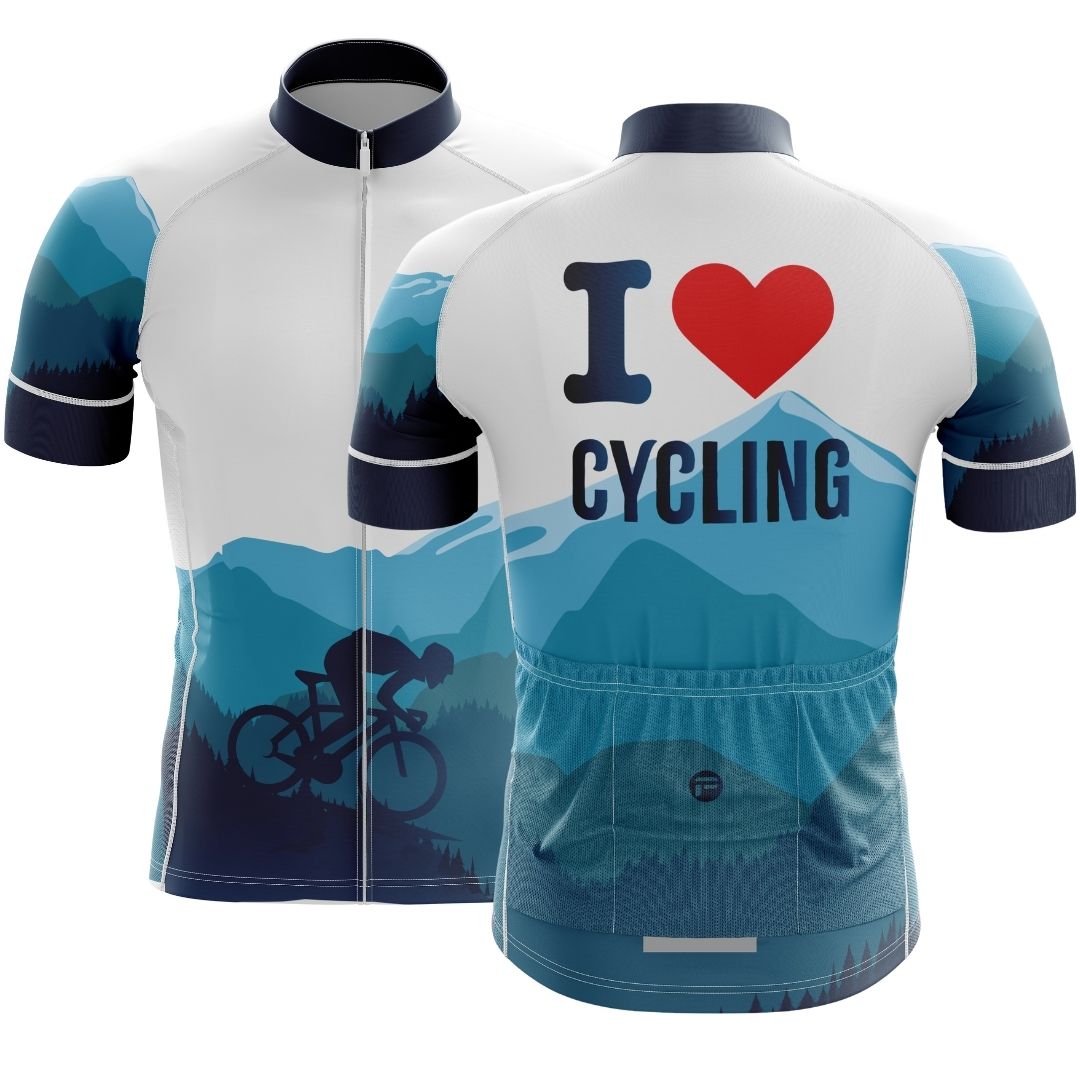 The world blurs, the sun ignites, the road sings. "I love cycling" jersey: find your rhythm, conquer every climb, feel alive on every pedal stroke.