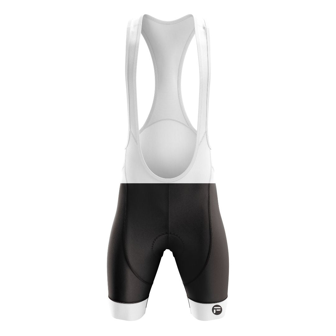 Men's cycling bib shorts with a bold black-and-white design, offering breathable fabric and a sleek fit for every ride.