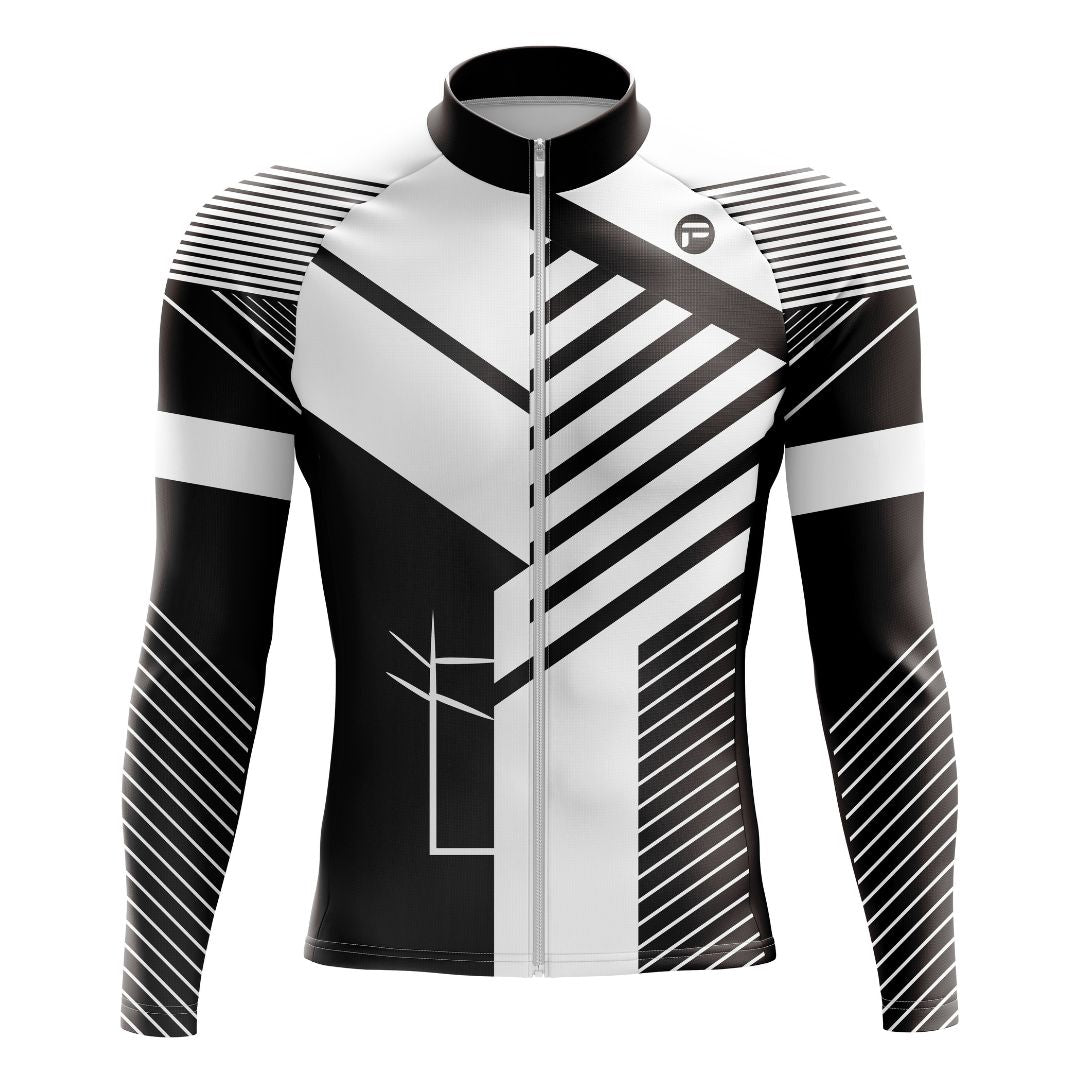 Sleek and dynamic men's long sleeve cycling jersey featuring striking black-and-white patterns for a modern look.