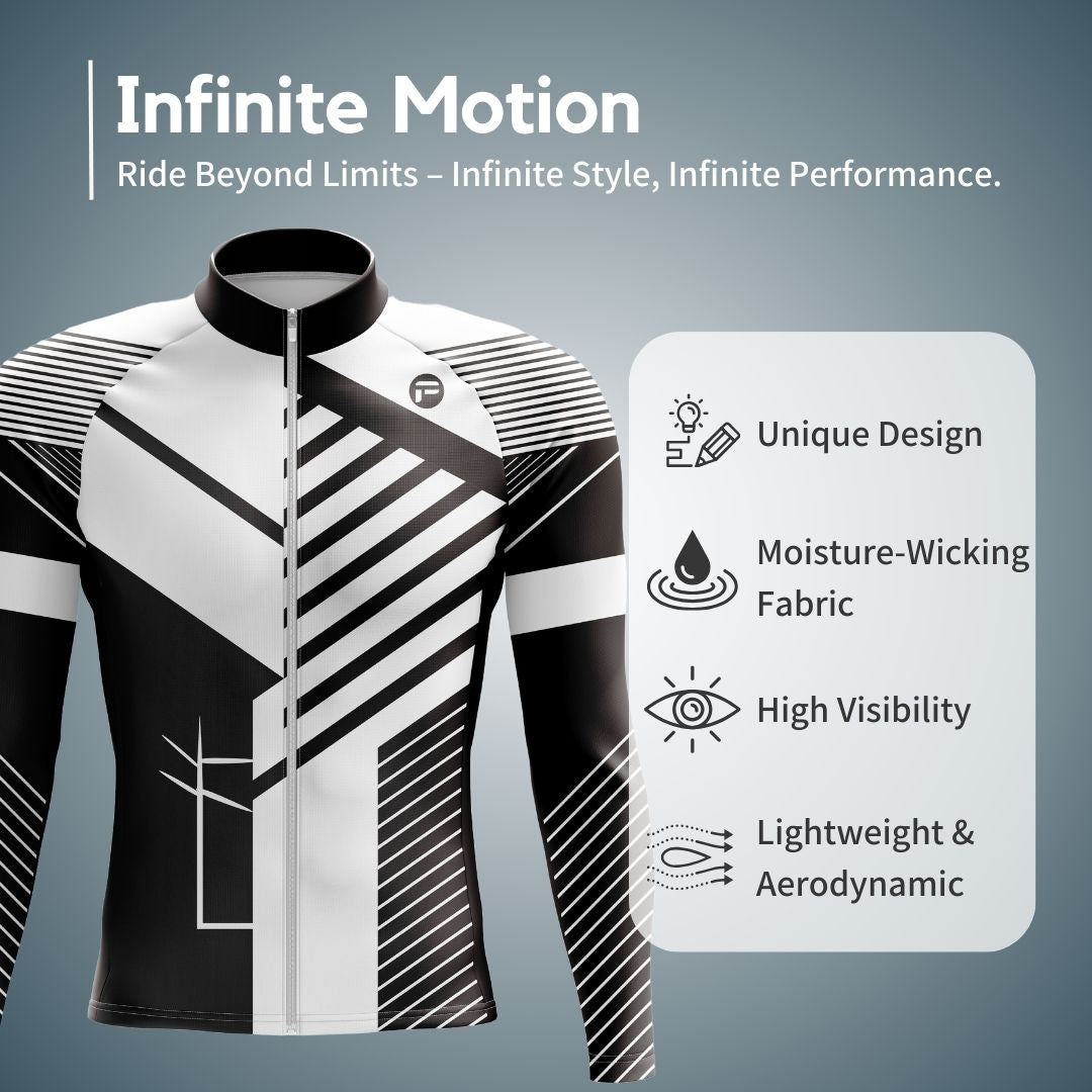 Men's long sleeve cycling jersey with bold geometric accents, crafted from breathable, moisture-wicking fabric for optimal performance.