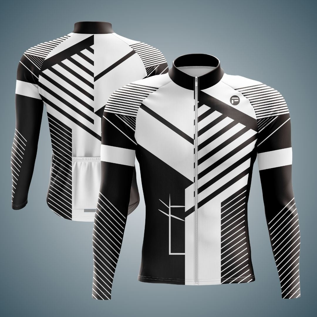 Men's Infinite Motion Long Sleeve Cycling Jersey with a bold black-and-white geometric design, tailored for style and performance.