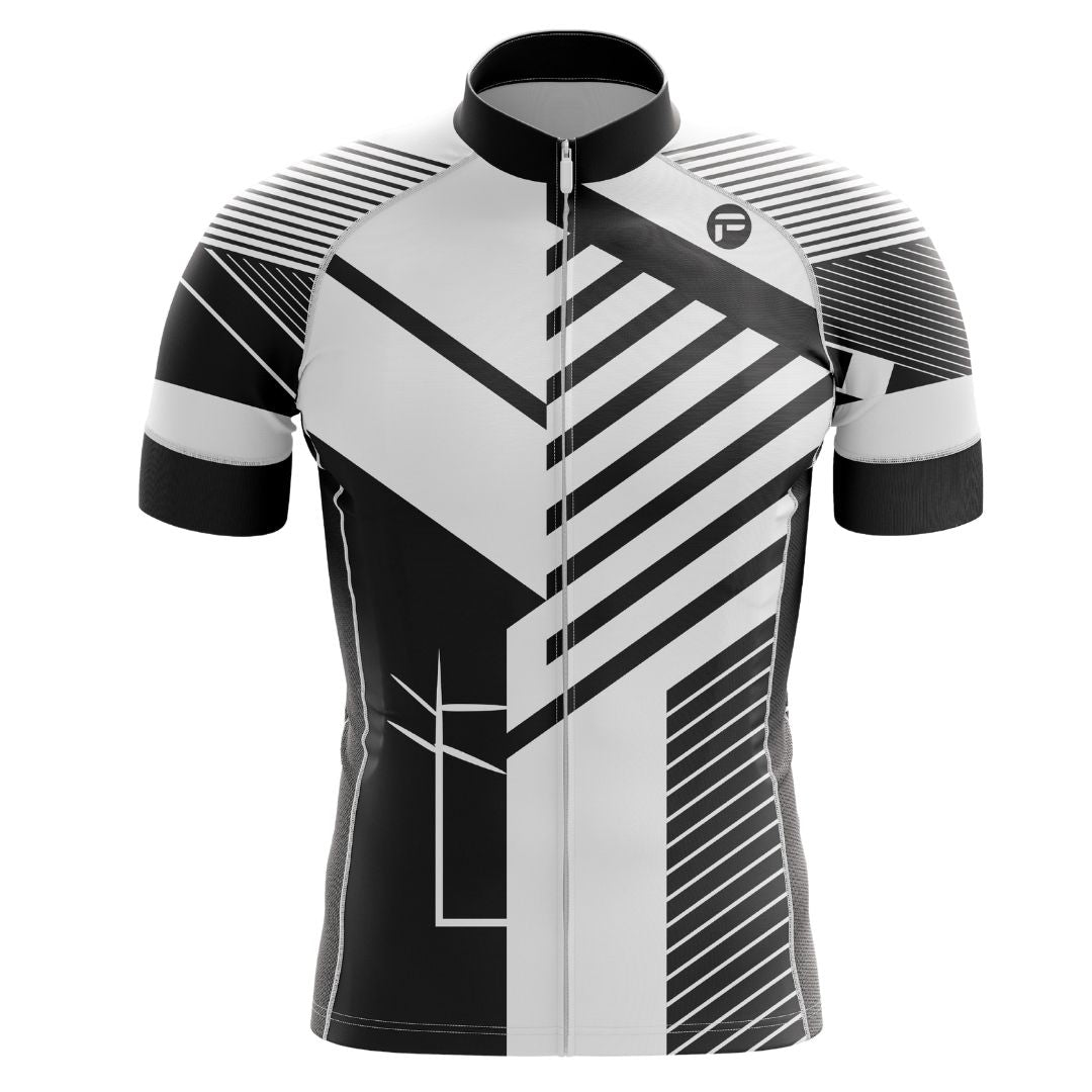 Dynamic and sleek men's cycling jersey featuring a striking black-and-white pattern, perfect for stand-out rides