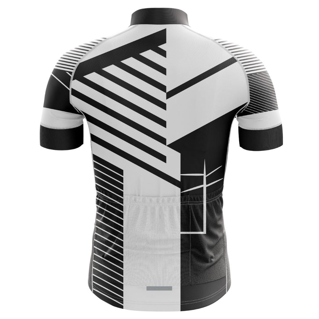 Short sleeve men's cycling jersey with bold geometric patterns, offering modern sophistication and optimal comfort.