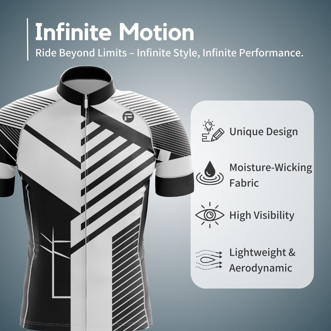 Performance-focused men's short sleeve jersey combining a bold black-and-white aesthetic with breathable, moisture-wicking fabric.