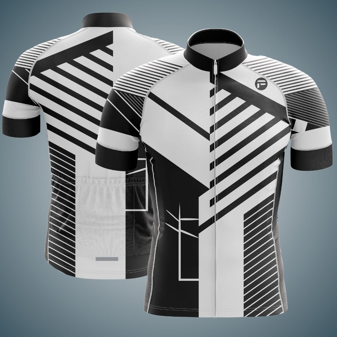 Men's Infinite Motion Short Sleeve Cycling Jersey with a bold black-and-white geometric design, crafted for performance and style.