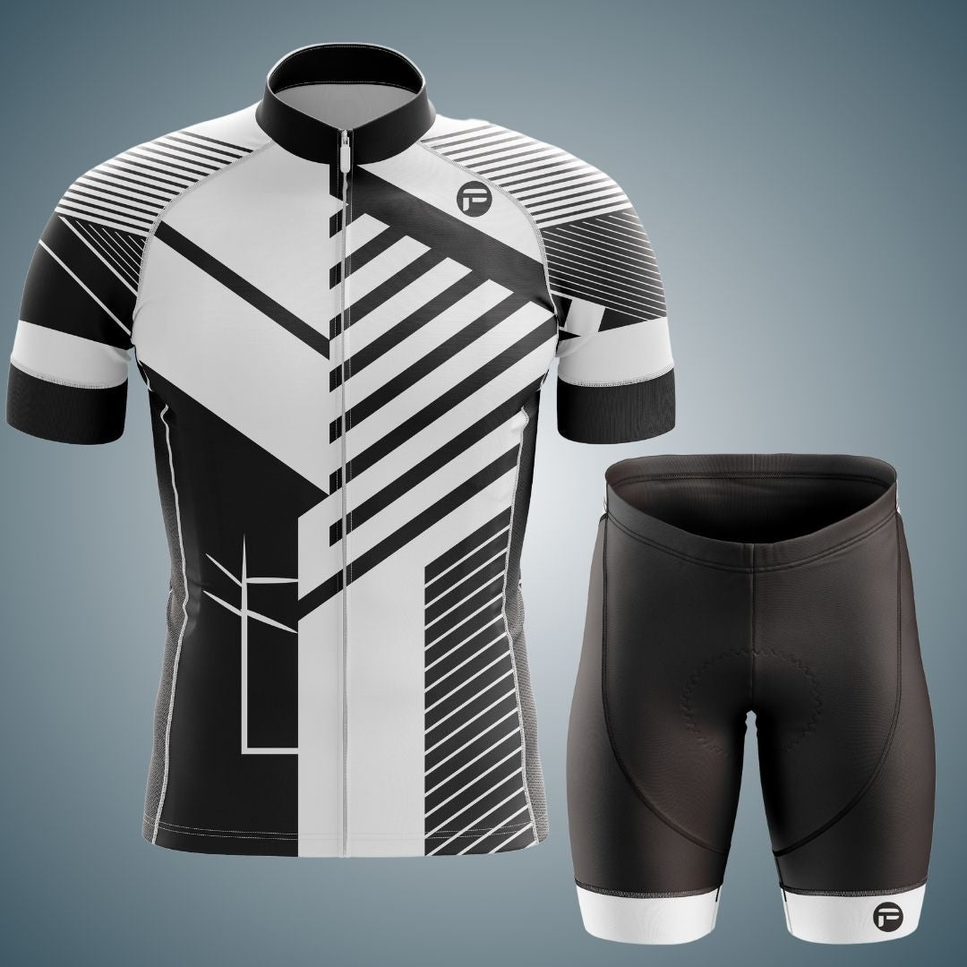 Men's Infinite Motion Short Sleeve Cycling Set with a bold black-and-white geometric jersey and matching bib shorts, designed for performance and style.