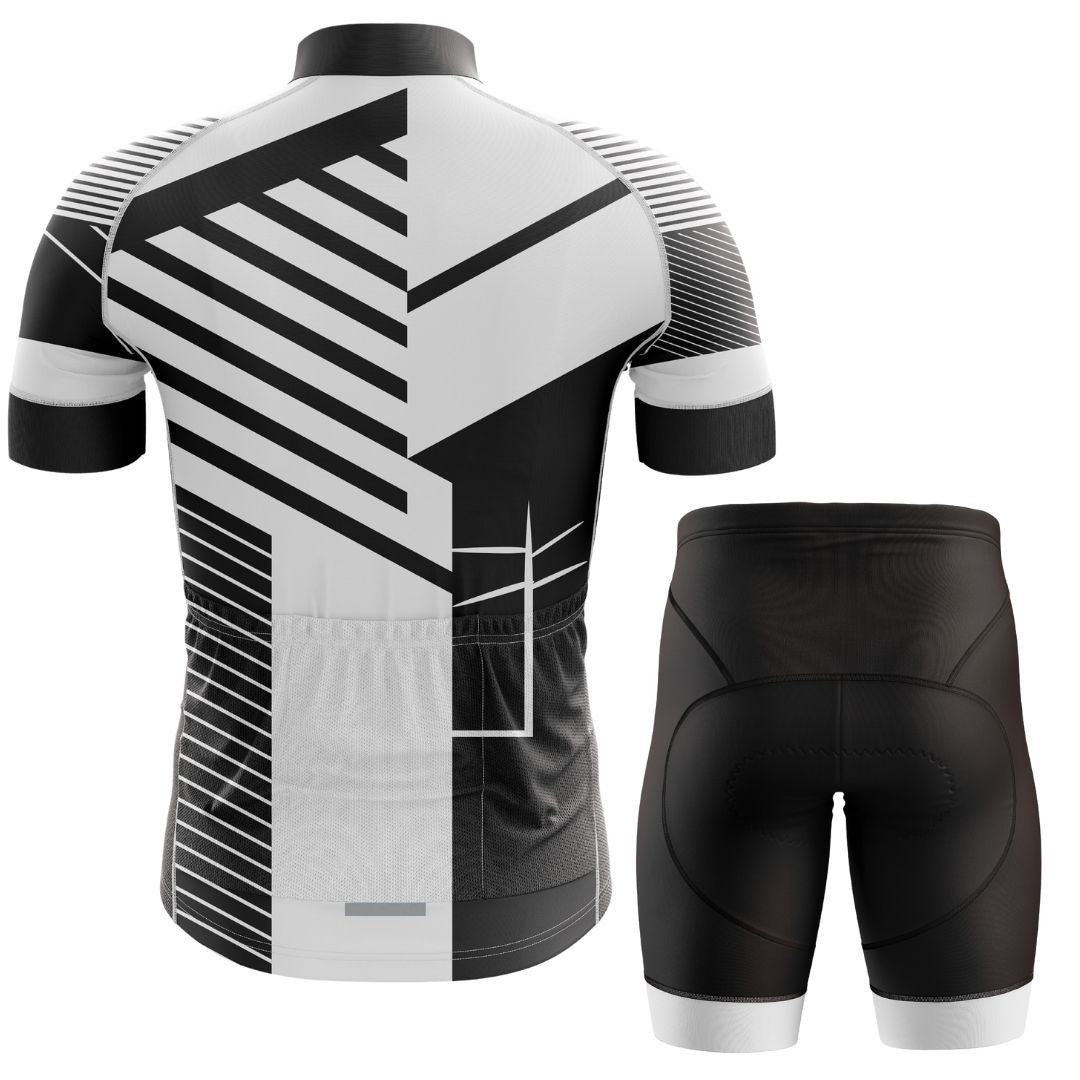 Dynamic and sleek men's cycling set featuring a striking black-and-white short sleeve jersey and supportive bib shorts.