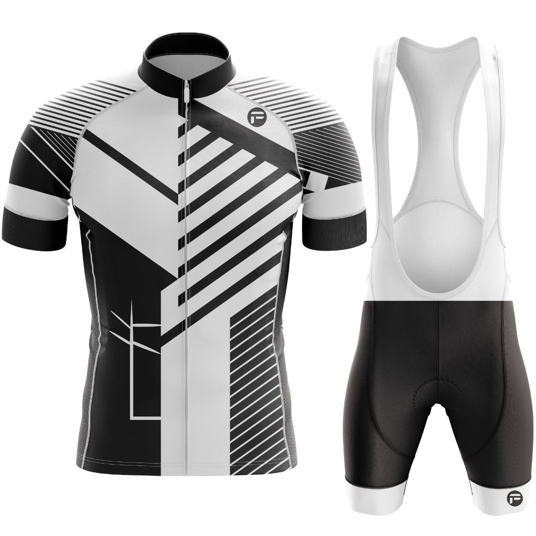 Short sleeve men's cycling set with bold geometric patterns, lightweight fabric, and an aerodynamic fit for optimal performance.