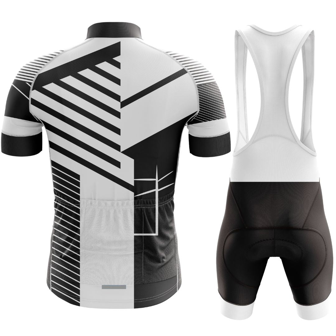 Infinite Motion men's cycling kit with a matching short sleeve jersey and bib shorts, blending modern sophistication with comfort.