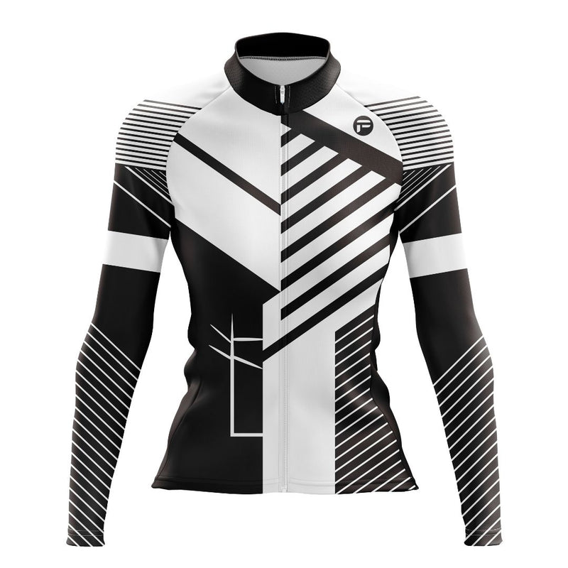 Dynamic women's long sleeve cycling jersey featuring striking black-and-white patterns for a sleek and modern look.